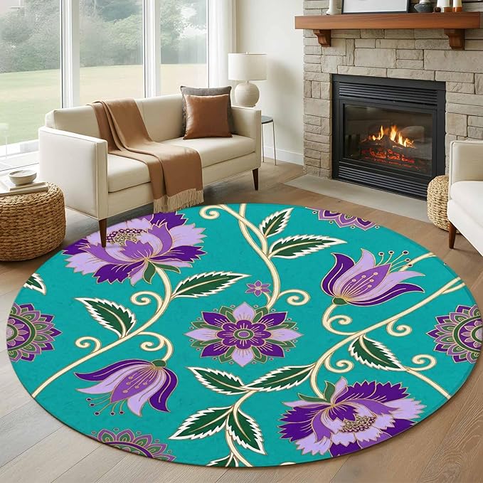 Washable Round Area Rug Bohemian Purple Flowers Circle Rugs Floor Carpet for Living Room Bedroom, Paisley Floral Art Soft Non Slip Round Rug 5ft