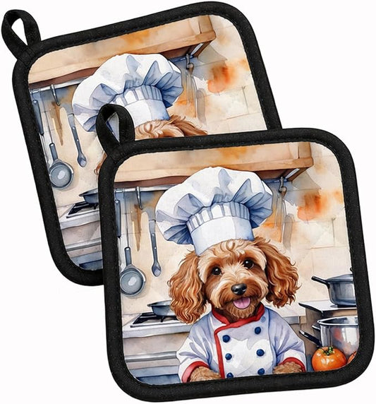 Caroline's Treasures Cockapoo The Chef Pair of Pot Holders Kitchen Heat Resistant Pot Holders Sets Oven Hot Pads for Cooking Baking BBQ, 7 1/2 x 7 1/2