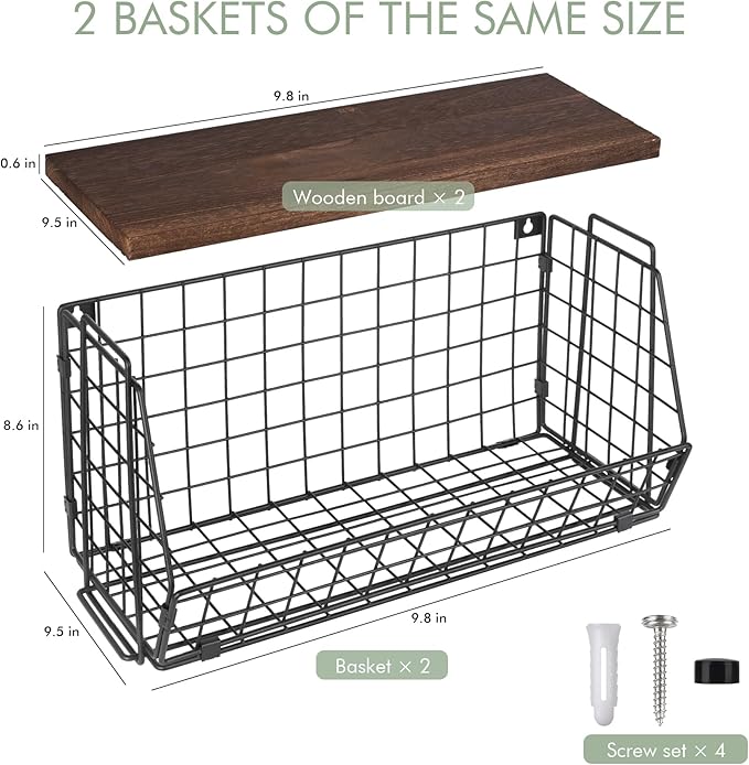 Wall Storage Hanging Baskets 2 PACK - Wooden Top Wire Basket Organizers & S Hooks - Assemble Floating Shelf Racks for Pantry Kitchen Office Bathroom Garage Organization (Extra Large)