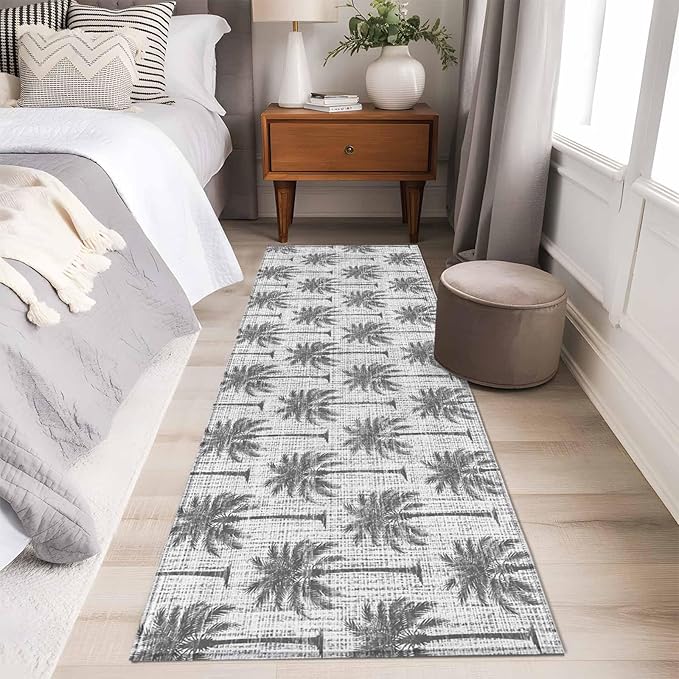 Runner Rug for Bedroom Hallway, Summer Palm Tree Retro Linen Kitchen Runner Rugs Area Rug 2x6ft, Tropical Gray Botanical Washable Soft Floor Carpet for Entryway Stair