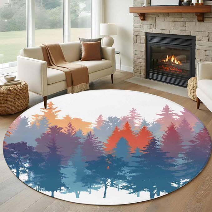 Washable Round Area Rug Abstract Trees Forest Silhouette Circle Rugs Floor Carpet for Living Room Bedroom, Natural Scene Plants Soft Non Slip Round Rug 5ft