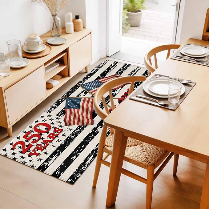 Runner Rug for Bedroom Hallway, Independence Day 250th Anniversary Kitchen Runner Rugs Area Rug 2x6ft, Retro USA Flags Washable Soft Floor Carpet for Entryway Stair