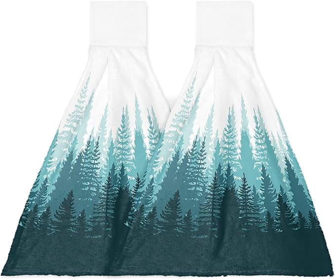 Alandar Home Kitchen Tie Towel Set of 2, Tree Forest Shadow Botanical Plants Absorbent Soft Hand Towels for Bathroom Hanging Towels, Teal Gradient on White Fast Drying Cleaning Cloth with Loop