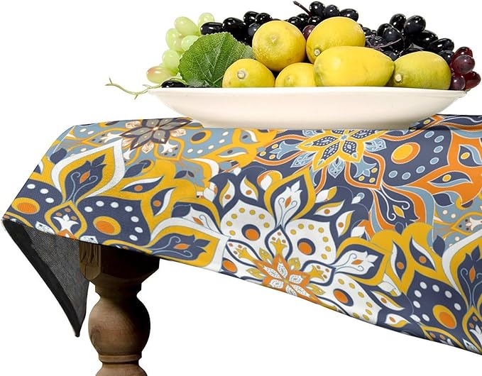 Retro Moroccan Boho Kitchen Tablecloth Vintage 70's 60's Hand Drawn Style Floral Motifs Table Cloth for Living Room Kitchen Party Picnic Cloth Stain Resistance Polyester, 55x55 Square