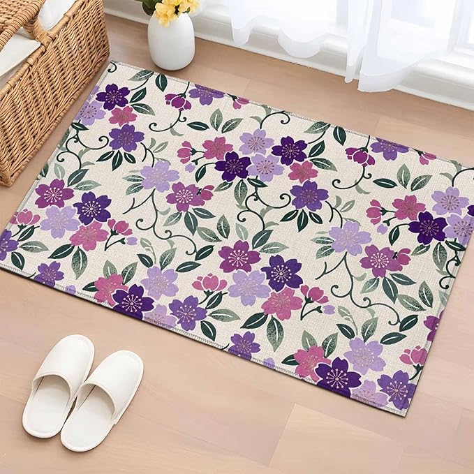 Area Rug 2x3ft, Watercolor Country Flowers Washable Rugs for Living Room Bedroom, Plum Blossoms on Linen Soft Non-Slip Area Rugs Rectangle Floor Carpet for Dining Room