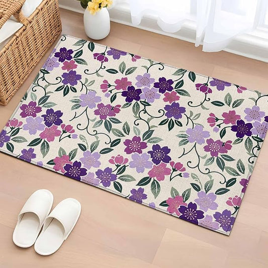Area Rug 2x3ft, Watercolor Country Flowers Washable Rugs for Living Room Bedroom, Plum Blossoms on Linen Soft Non-Slip Area Rugs Rectangle Floor Carpet for Dining Room