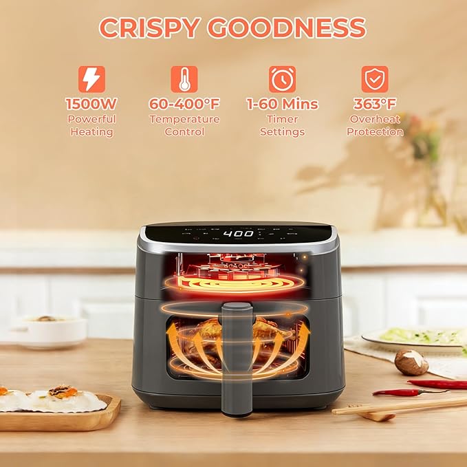 NEWBULIG Air Fryer，4QT Small AirFryer with Easy View Window and Interior Light, Digital Touchscreen with 8 Presets for Custom Cooking, Nonstick and Dishwasher Safe Basket, Grey