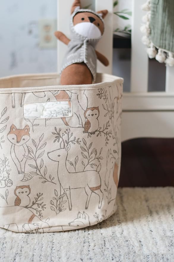Crane Baby Woodland Nursery Basket, Animal Nursery Decor, Fabric Storage Bin, Collapsible Forest Decor, Hamper with Handles for Toys, Laundry, and Baby Items (Pack of 6)