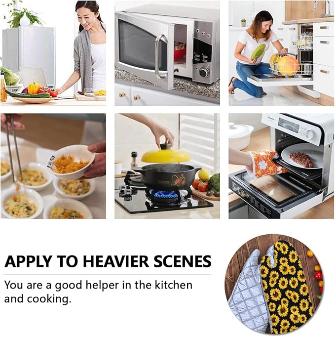 Oven Mitts Sunflower Heat Resistant Wear-resistant Easy Clean Grill Gloves with Thick Cotton Liner for Grilling Cooking Baking 2PCS
