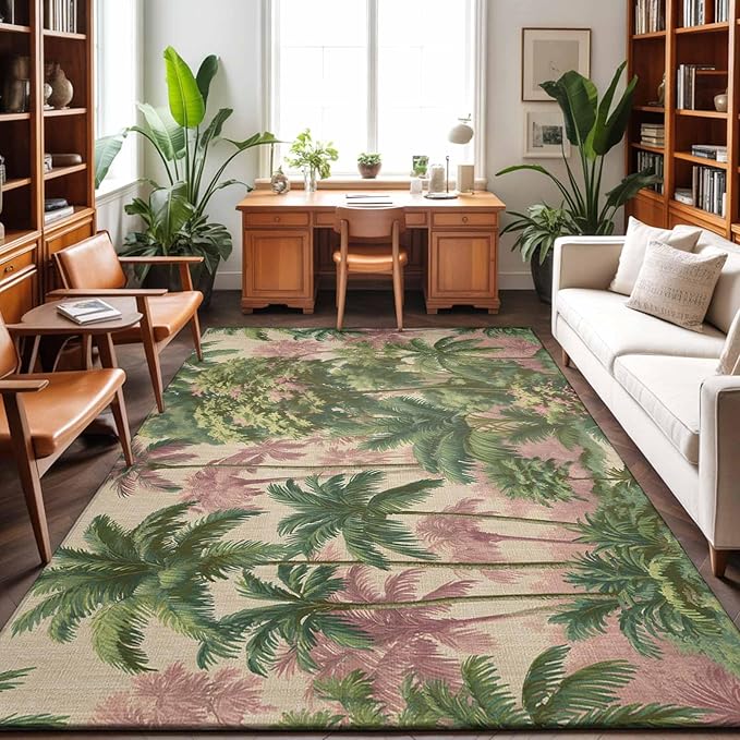 Area Rug 8x10ft, Exotic Forest Green Pink Palms Tree Washable Rugs for Living Room Bedroom, Vintage Botantical Soft Non-Slip Area Rugs Rectangle Floor Carpet for Dining Room