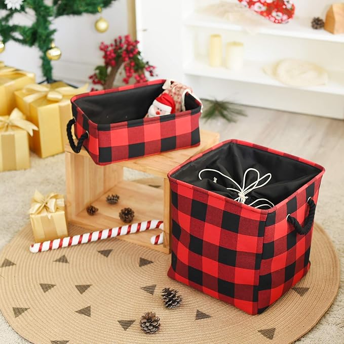 INough Red Christmas Baskets for Gifts Empty Red Gift Bag, Holiday Gift Baskets Empty Low Basket Buffalo Plaid Toy Bins Ornaments Storage Organizer for Baby Room, Kids Nursery, Home Holiday Decor