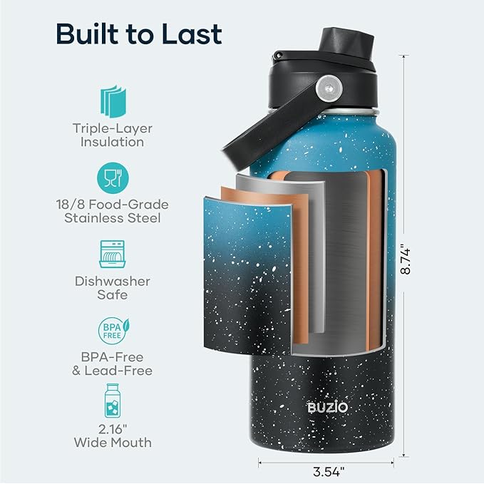 BUZIO 32 oz Water Bottle Insulated, Leakproof Stainless Steel Flask (Cold for 48 Hrs), Wide Mouth BPA-Free Metal Thermo Hydro Canteen with 2 Lids, Dappled Navy Black
