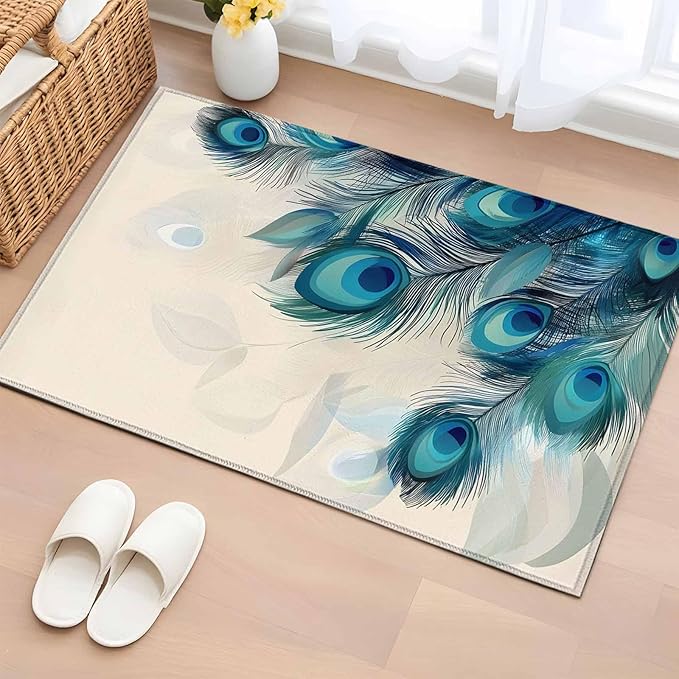 Area Rug 2x3ft, Abstract Animal Art Peacock Feather Washable Rugs for Living Room Bedroom, Watercolor Blue Eyes Beige Soft Non-Slip Area Rugs Rectangle Floor Carpet for Dining Room