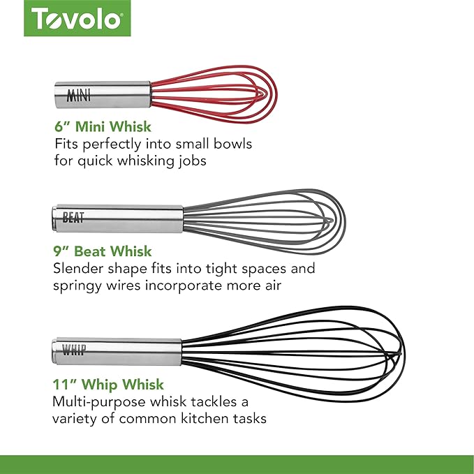 Tovolo Whisk 9 Inch Heavy Duty Silicone Wire Stainless Steel Whisker for Cooking Baking Blending Mixing Stirring Whipping Whisking, Dishwasher Safe Multi Function Classic French Wire Whisk, Black
