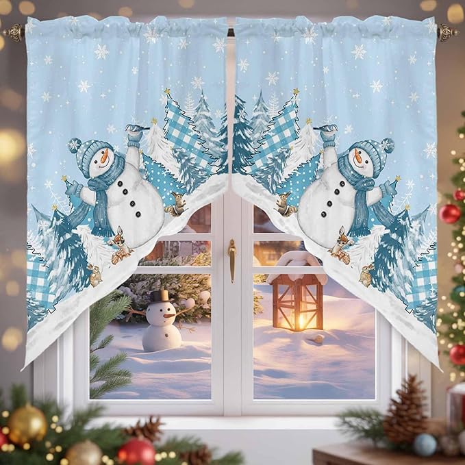 Christmas Snowman Swag Valance Curains Winter Xmas Tree Snowflakes Sky Blue Rod Pocket Kitchen Curtains Scalloped Window Treatment Valances Swag for Living Room Bedroom, 1 Pair, 36"W x 45"L