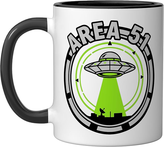 Area 51 UFO Alien Conspiracy Flying Saucer Design Ceramic Mug, Black/White