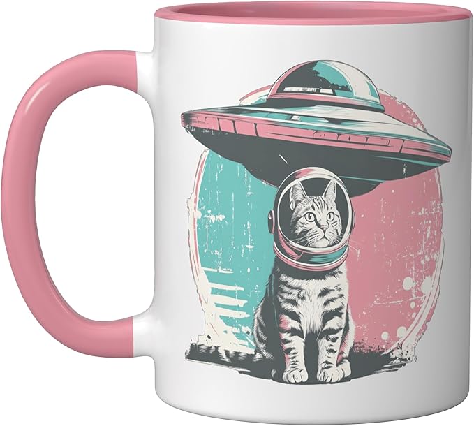 Retro UFO Cat Astronaut Alien Sci Fi Space Funny Pastel Ceramic Mug, Pink/White