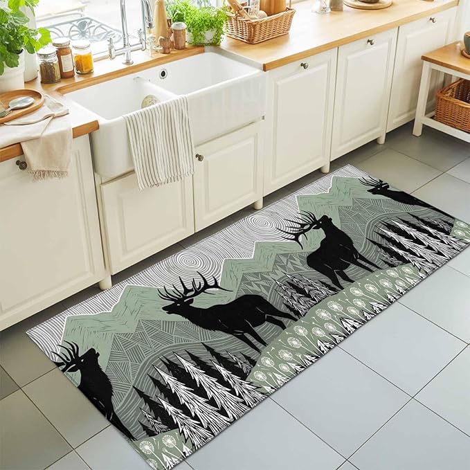 Runner Rug for Bedroom Hallway, Black Wildlife Elk Kitchen Runner Rugs Area Rug 2x6ft, Bohemian Green Mountain Peaks Washable Soft Floor Carpet for Entryway Stair