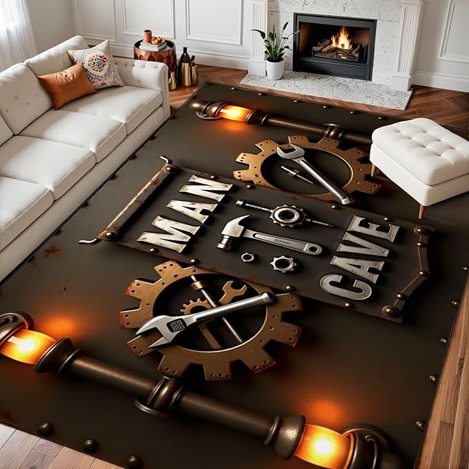 10x14 Area Rugs for Bedroom Boho Washable Man Cave Rug for Living Room Industrial Steampunk Man Cave Sign Tools Gears Soft Rubber Backed Non-Slip Large Carpets for Boys