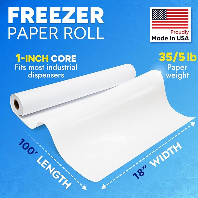 18" x 1200" (100') Made in USA White Freezer Paper Roll – Moisture-Resistant Wrap, Prevents Freezer Burn, Keeps Meat Fresh for up to 1 year – Plastic Coated Paper for Meat, Fish, and Poultry