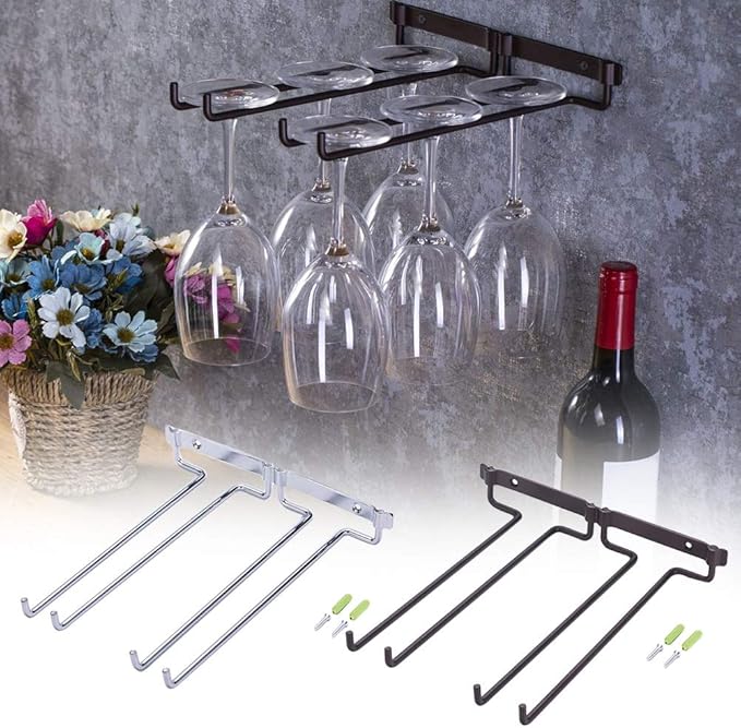 Wall Mount Hanger Supplies Hanging Stemware Under Cabinet Home Kitchen Holder Shelf Bar Wine Rack Double Row (Color : A)