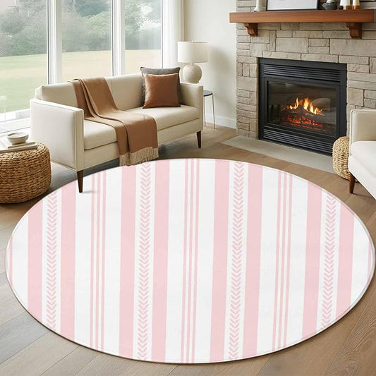 Washable Round Area Rug Abstract Leaf Geometric Line Circle Rugs Floor Carpet for Living Room Bedroom, Modern Pink Stripe Theme Soft Non Slip Round Rug 5ft