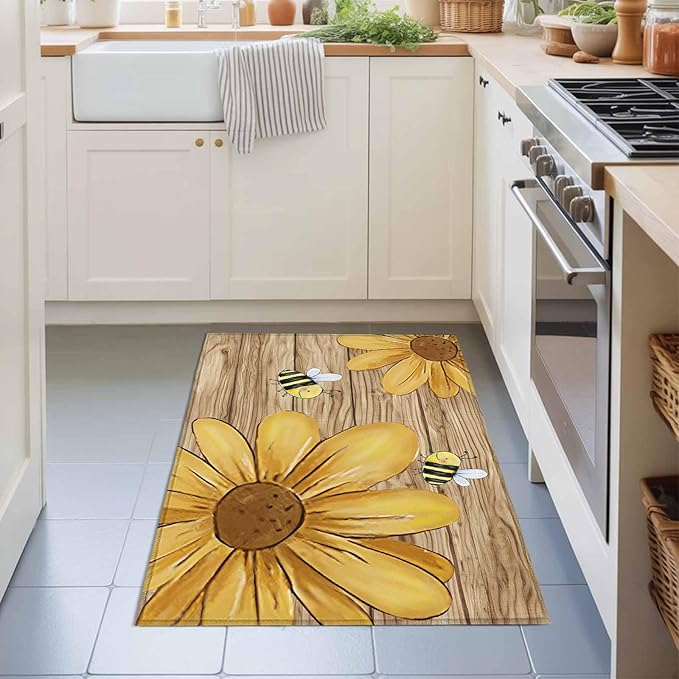 Area Rug 2x3ft, Summer Yellow Bee Blossom Flower Washable Rugs for Living Room Bedroom, Retro Rustic Brown Wood Board Soft Non-Slip Area Rugs Rectangle Floor Carpet for Dining Room