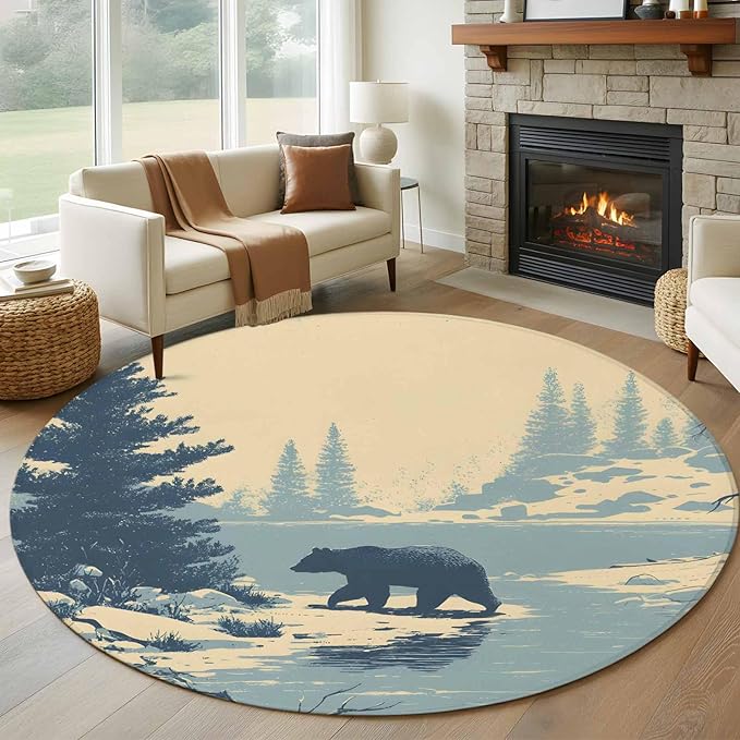 Washable Round Area Rug Winter Bear Evergreen Trees Circle Rugs Floor Carpet for Living Room Bedroom, Rustic Snow River Soft Non Slip Round Rug 5ft