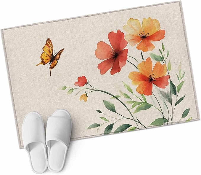Area Rug 2x3ft, Summer Watercolor Flower Butterfly Washable Rugs for Living Room Bedroom, Green Leaves Retro Linen Soft Non-Slip Area Rugs Rectangle Floor Carpet for Dining Room