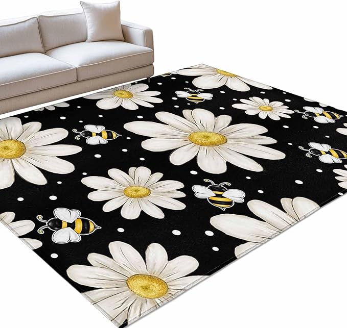 Area Rug 9x12ft, Watercolor White Floral Daisy Bee Washable Rugs for Living Room Bedroom Rectangle Floor Carpet, Blossom Flower on Black Soft Non-Slip Area Rugs for Dining Room