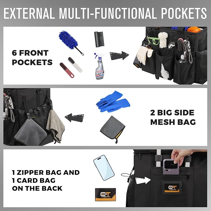 SCAVATA Rolling Cleaning Caddy Bag with Detachable Trolley, Large Cleaning Supplies Organizer with Wheels, Multi Pocket Cleaning Cart with Adjustable Shoulder Strap for Housekeepers & Home Use, Black