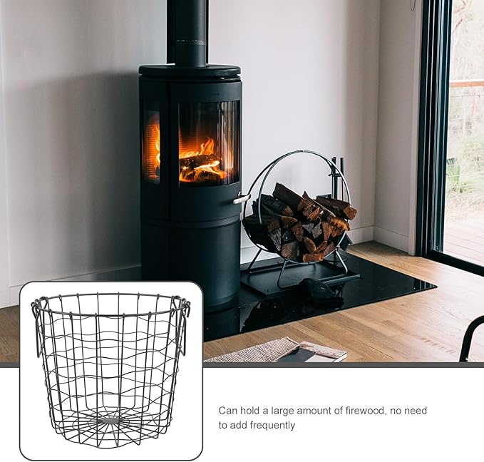 Metal Firewood Organizer Basket with Handle, Outdoor Black Iron Logging Storage Basket for Camping and Fireplace Wood Holder