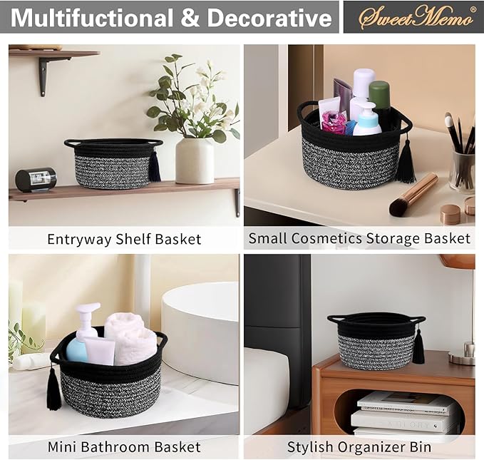 Small Gift Basket Empty to Fill – SweetMemo Mini Cute Woven Rope Organizer Baskets for Gifting, Baby Shower, Desk, Bathroom, Toys – Decorative Soft Bin with Gift Bag & Ribbon – Black Gray