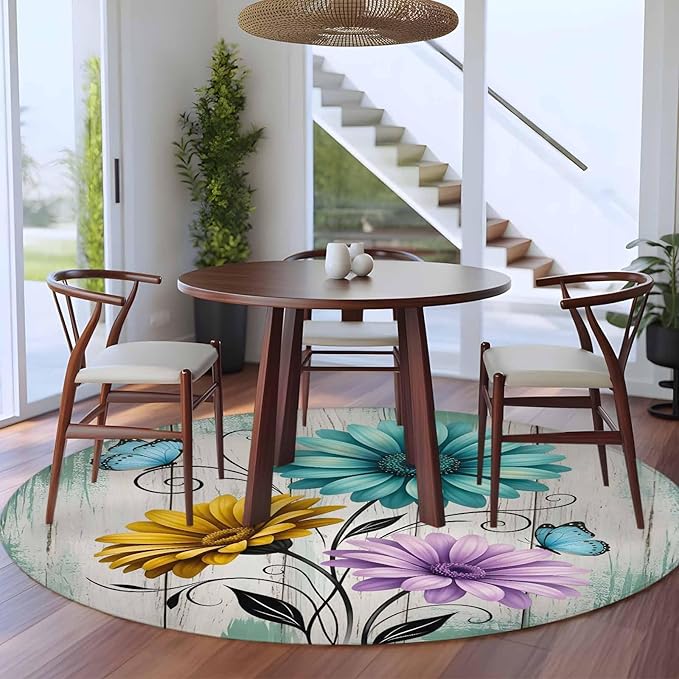 Washable Round Area Rug Farm Flower Daisy Retro Wood Barn Circle Rugs Floor Carpet for Living Room Bedroom, Blossom Flower Butterfly Soft Non Slip Round Rug 5ft