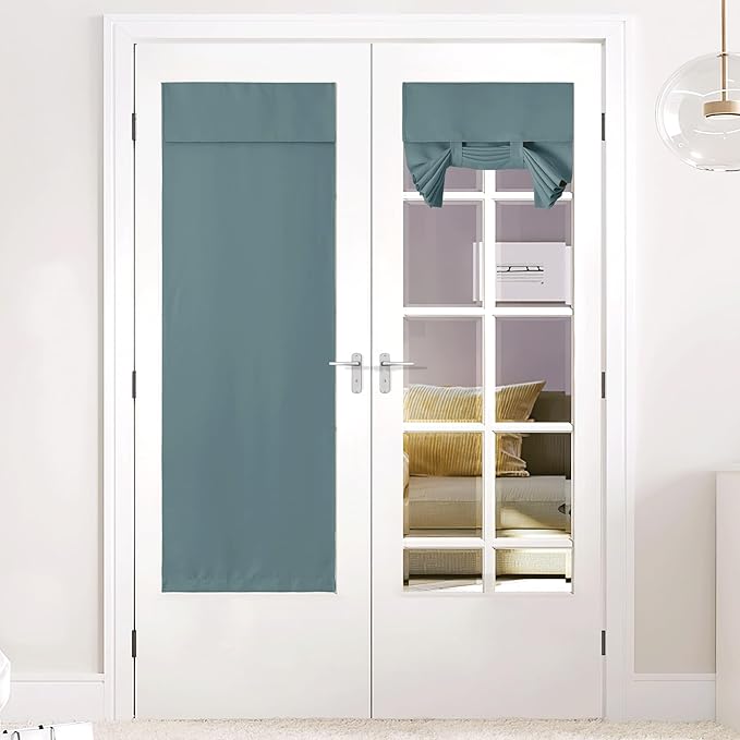 NICETOWN French Blackout Door Curtains for Privacy, Easy Installed Tricia Panels, Front Door Sidelight Curtain Tie up Shade for Kitchen, (Greyish Green, 26" W x 72" L, 1 Panel)