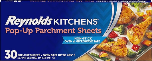 Reynolds Kitchens Pop-Up Parchment Paper Sheets, 30 Count, Fits Standard Baking Pans and Cookie Sheets, Non-Curling, Non-Stick, Pre-Cut, Oven-Safe Up to 425F, 10.75 in x 13.75 in