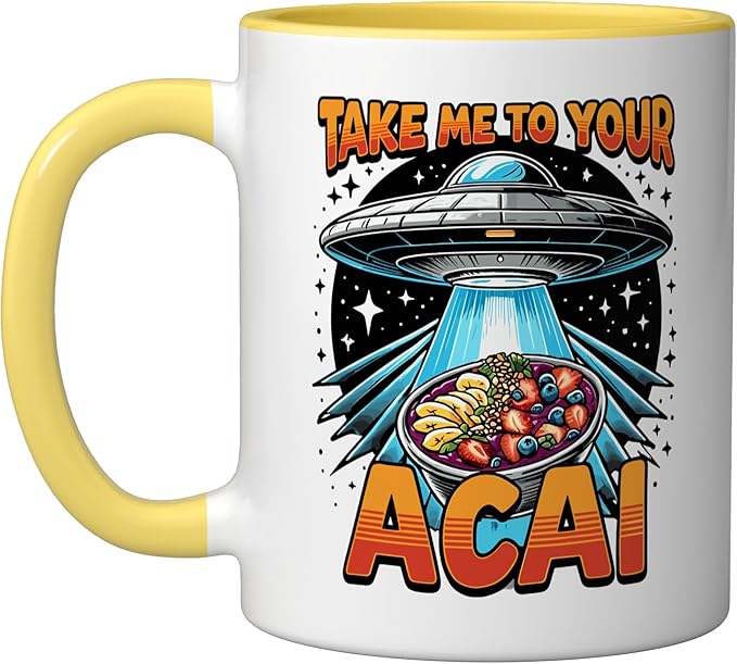 Take Me to Your Acai UFO Abduction Berry Fruit Funny Acai Ceramic Mug, Yellow/White