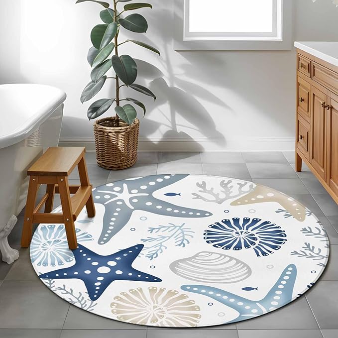 Washable Round Area Rug Ocean Starfish Shell Conch Circle Rugs Floor Carpet for Living Room Bedroom, Sea Blue Coral Seamless Soft Non Slip Round Rug 4ft