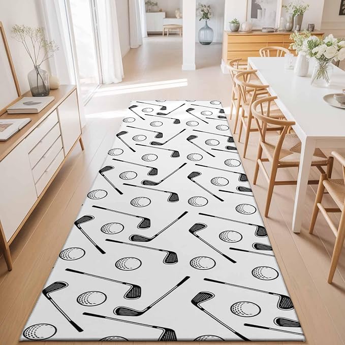 Runner Rug for Bedroom Hallway, Golf Club Ball Seamless Pattern Kitchen Runner Rugs Area Rug 2x6ft, Modern Minimalist Art Washable Soft Floor Carpet for Entryway Stair