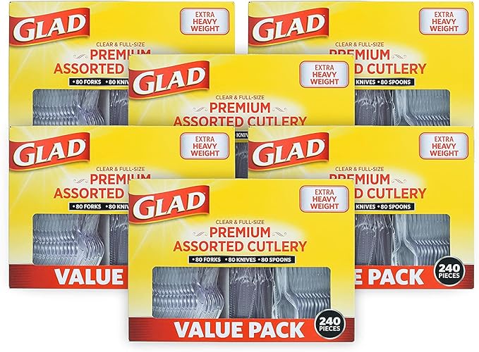 Glad Clear Disposable Cutlery Set with Heavy Duty Plastic Forks, Knives, and Spoons, Reusable Dishwasher Safe Plastic Utensils for Parties and Everyday Use, 240 Count - 6 Pack