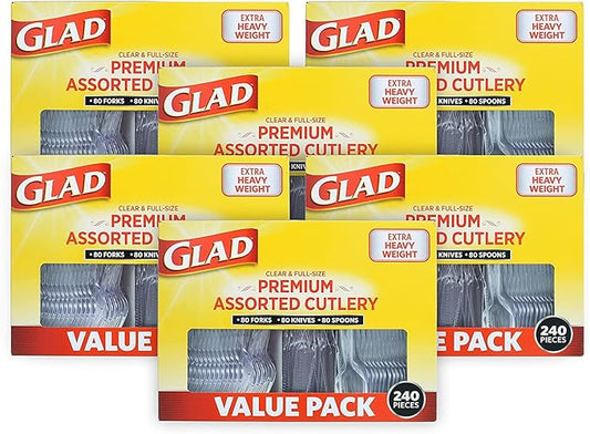 Glad Clear Disposable Cutlery Set with Heavy Duty Plastic Forks, Knives, and Spoons, Reusable Dishwasher Safe Plastic Utensils for Parties and Everyday Use, 240 Count - 6 Pack