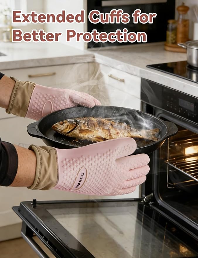 Silicone Oven Mitts with Five-Finger Design, Extended Cuff & Soft Cotton Lining – Heat Resistant, Waterproof, Non-Slip Oven Gloves for Baking, Cooking, Grilling, Safe Grip on Hot Cookware - Pink