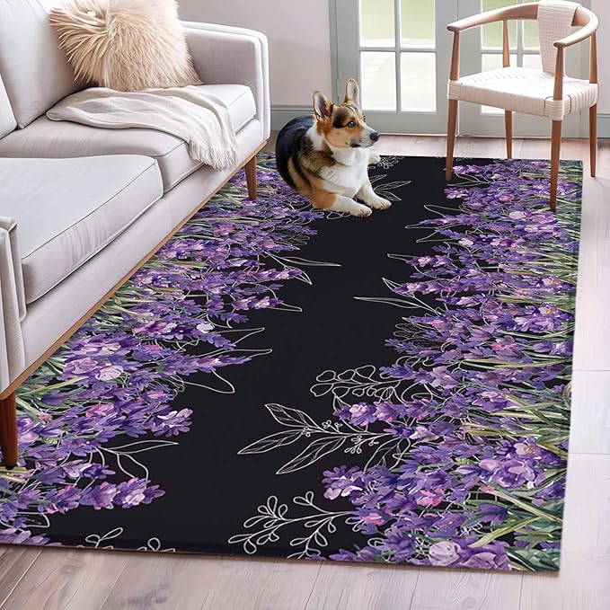 Area Rug 3x5ft, Spring Purple Lavender Flower Washable Rugs for Living Room Bedroom, Watercolor Floral on Black Soft Non-Slip Area Rugs Rectangle Floor Carpet for Dining Room