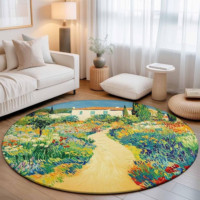 Washable Round Area Rug Pastoral Floral Pink Yellow Flower Green Leaves Circle Rugs Floor Carpet for Living Room Bedroom, Farm Plants Soft Non Slip Round Rug 5ft