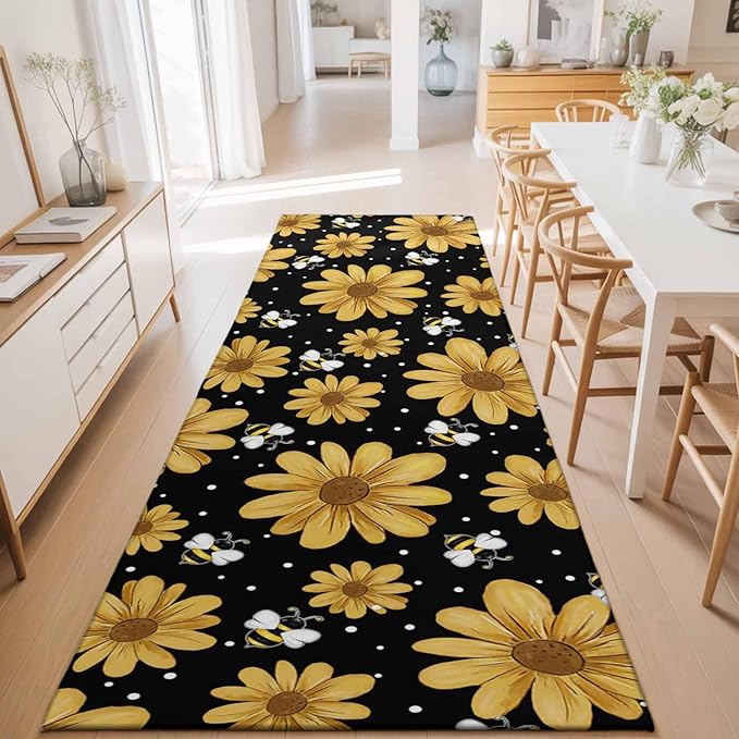 Runner Rug for Bedroom Hallway, Summer Daisy Flower Bee on Black Kitchen Runner Rugs Area Rug 2x6ft, Spring Watercolor Floral Washable Soft Floor Carpet for Entryway Stair