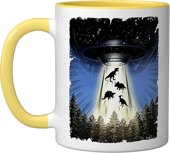 UFO Dinosaur Alien Abduction Flying Saucer Conspiracy Ceramic Mug, Yellow/White