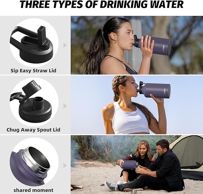 64oz Insulated Water Bottle (Cold for 48 Hrs),BPA Free&Leak Proof,Half Gallon Stainless Steel Water Flask,Water Jug with Straw Spout Lids for Gym,Hiking,Camping,Purple