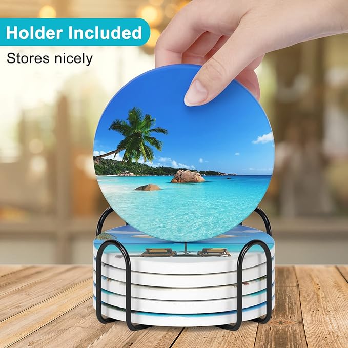 Nipichsha Coasters for Drinks, Set of 6 Cute Absorbent Ceramic Drink Coasters for Cup with Holder and Cork Base, Kitchen Home Decor Housewarming Gift, Round 4 in, Happy Beach