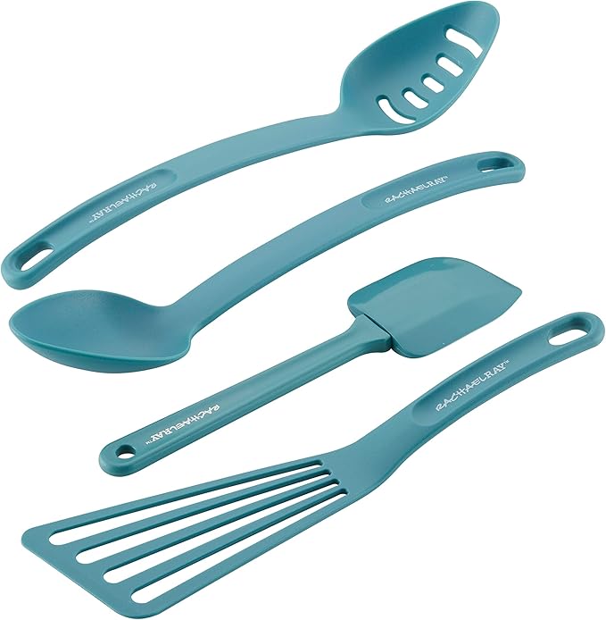 Rachael Ray 47564 Cucina Nylon Nonstick Utensils/Fish Turner, Spatula, Solid and Slotted Spoons, 4 Piece, Agave Blue