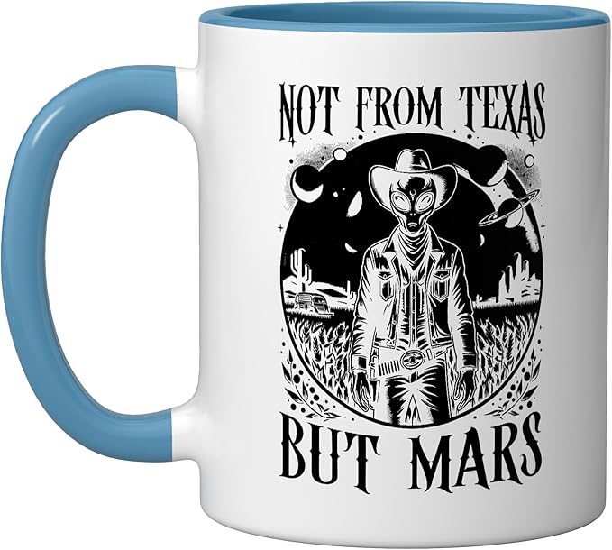 Alien Lover Flying Saucer UFO Extraterrestrial Cowboy Ceramic Mug, Blue/White